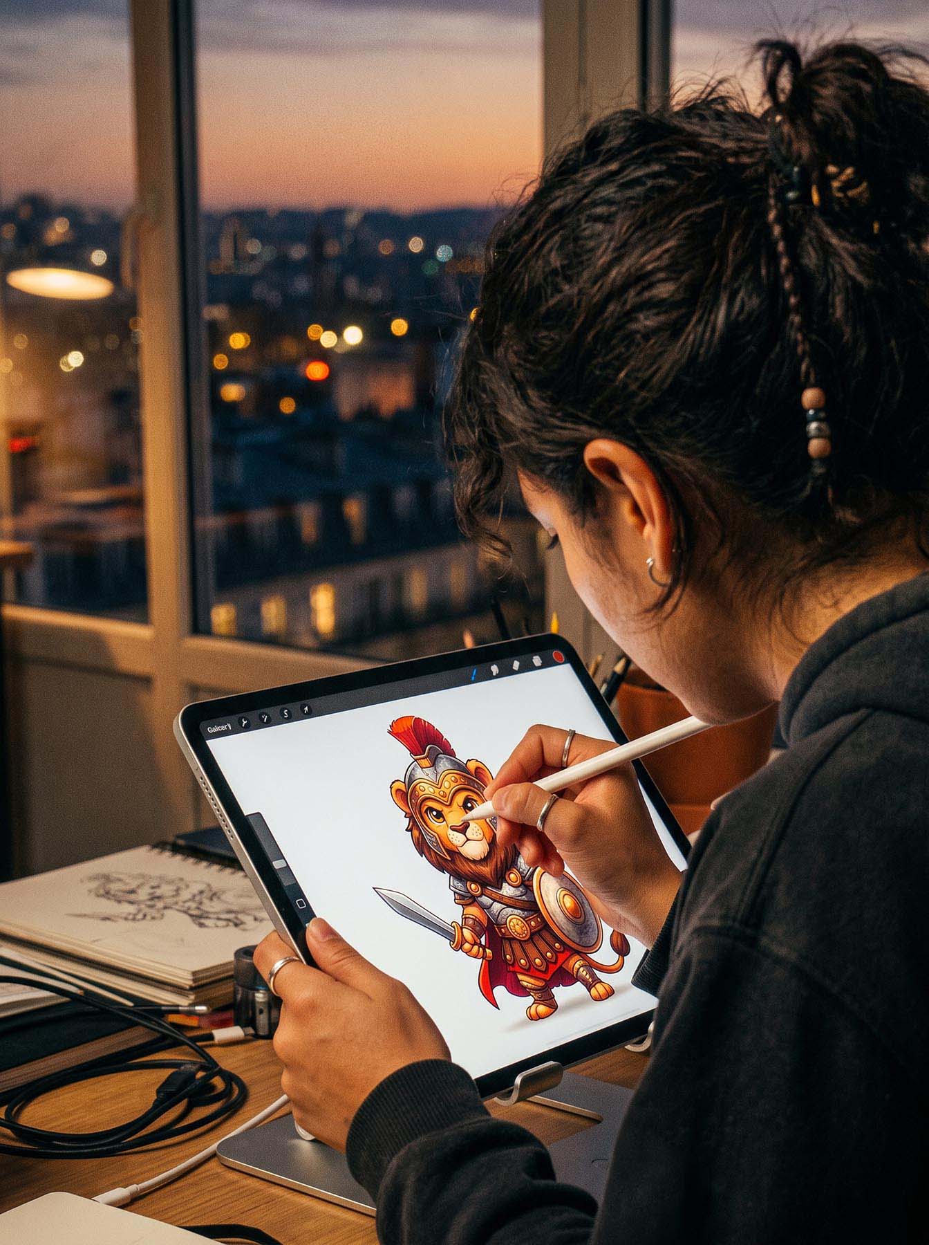 Artista digital dibujando un personaje en una tableta