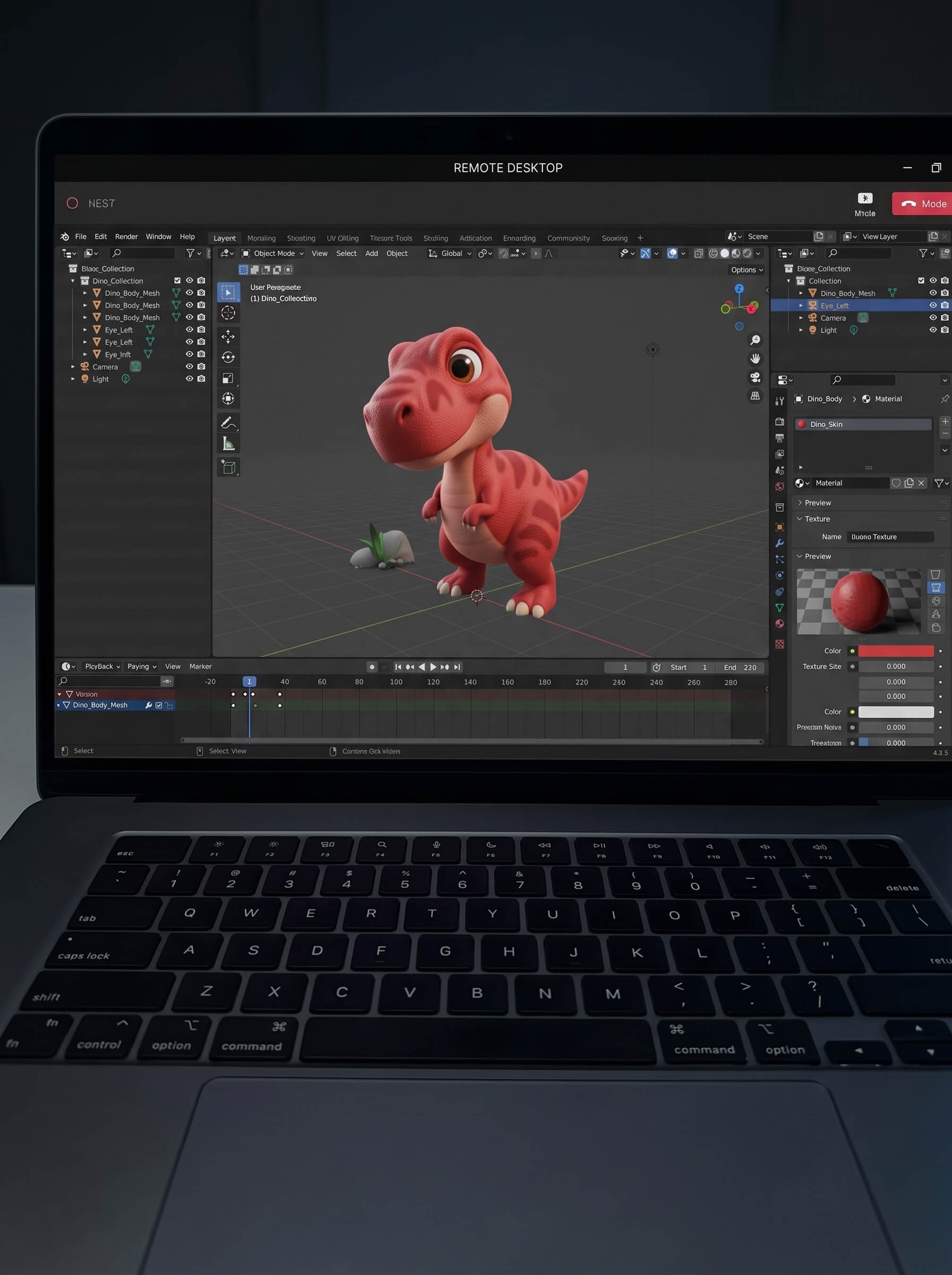 Software 3D mostrando un personaje dinosaurio en una laptop