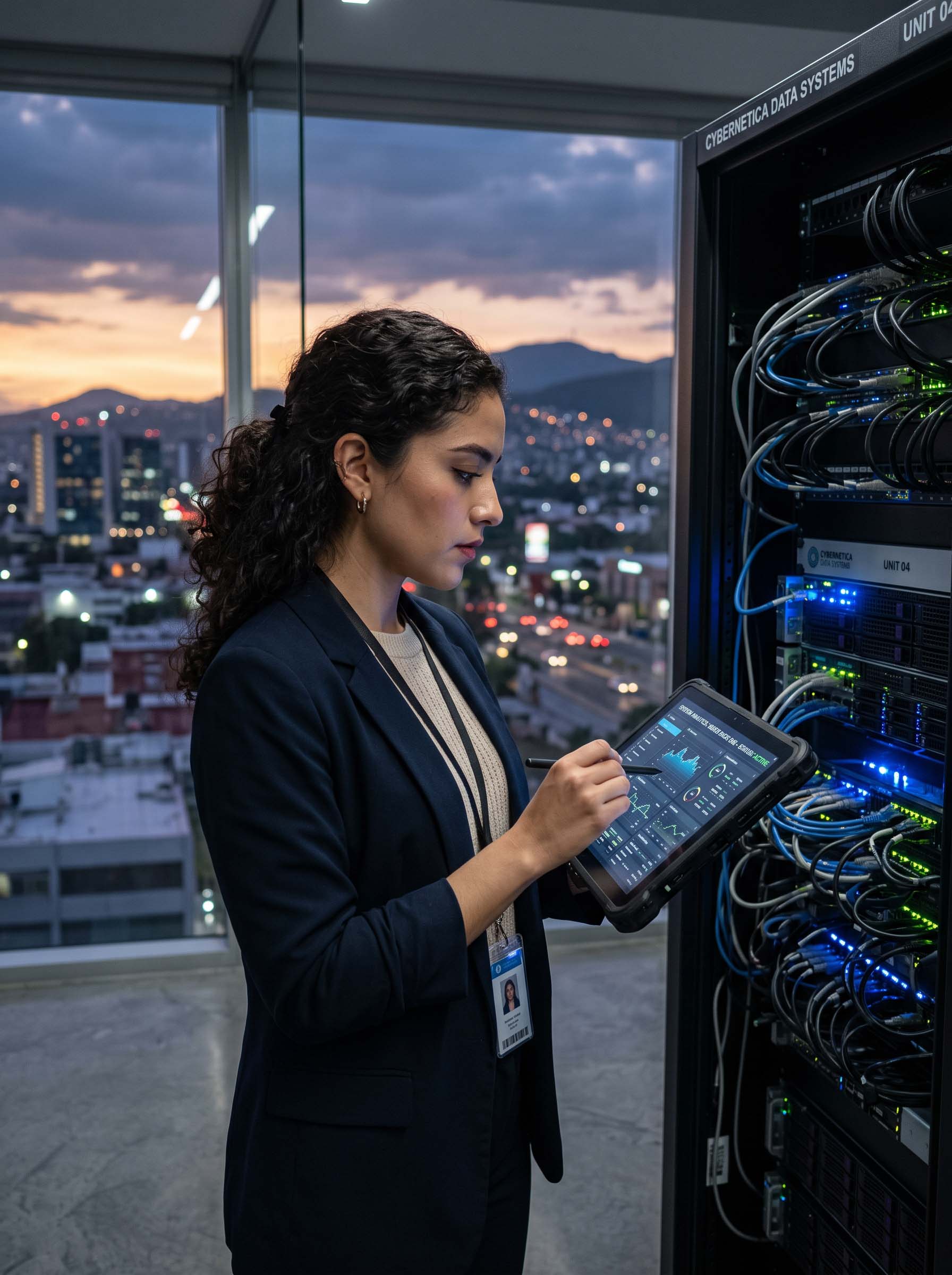 Especialista revisando métricas de seguridad en una tableta junto a un rack de servidores