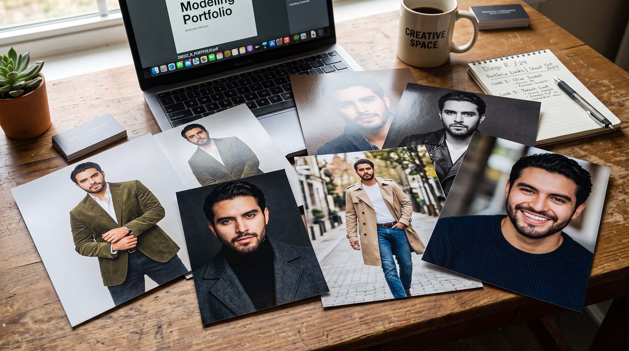 Fotografías impresas de un portafolio sobre un escritorio junto a una laptop