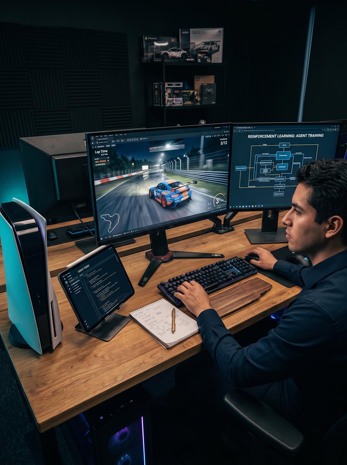 Estudiante programando un videojuego de carreras frente a dos monitores